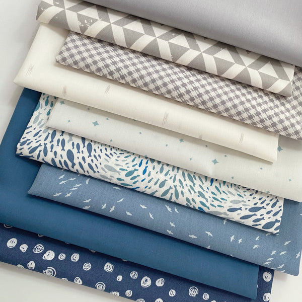 Skipping Stones Curated Bundle | Blue Gray Fabrics with Birds and Fish for Baby Boy's Quilt | Various Art Gallery Fabrics and Designers