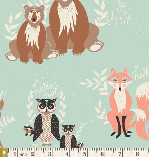 Mint Pink Peach Woodland Quilt Bundle | Hello Bear Fabrics for Girls | Forest Animals Nursery Fabrics | Bonnie Christine | Fat Quarters