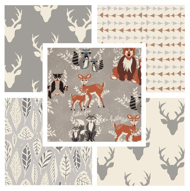 Gray Hello Bear Fabric Bundle | Woodland Animals Fabrics | Forest Theme Children's Fabrics | Bonnie Christine | Art Gallery Fabrics