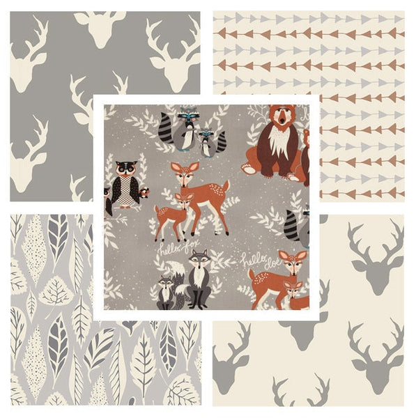 Gray Hello Bear Fabric Bundle | Woodland Animals Fabrics | Forest Theme Children's Fabrics | Bonnie Christine | Art Gallery Fabrics