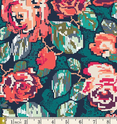 Flowered Engrams Ornate | Recollection | Katarina Roccella | Art Gallery Fabrics |  V-600 | Modern Digital Red Roses | Sold by the 1/2 Yard