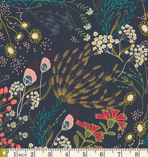 In Abundance Curated Bundle | Gold Navy Green Floral Fabrics | Indie Folk by Pat Bravol | Deep Rich Fat Quarters | Half Yard Bundle | AGF