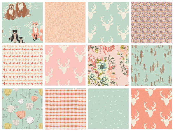 Mint Pink Peach Woodland Quilt Bundle | Hello Bear Fabrics for Girls | Forest Animals Nursery Fabrics | Bonnie Christine | Fat Quarters