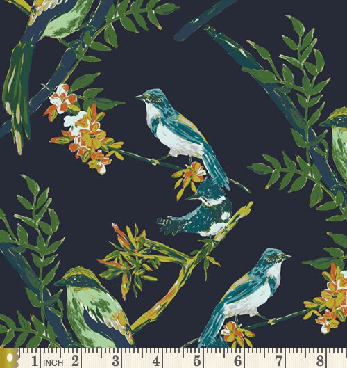 Treetop Melody | Rich Dark Colored Fabric Bundle | Bloomsbury | Modern Floral Fat Quarters with Birds | Art Gallery Fabrics