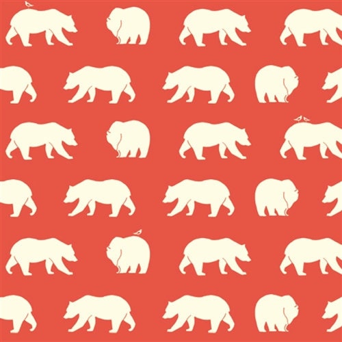 Bear Hike Coral | Bear Camp | Jay-Cyn | Cloud 9 Fabrics | Organic Quilting Cotton | Red Bear Silhouettes | Sold by the 1/2 Yard