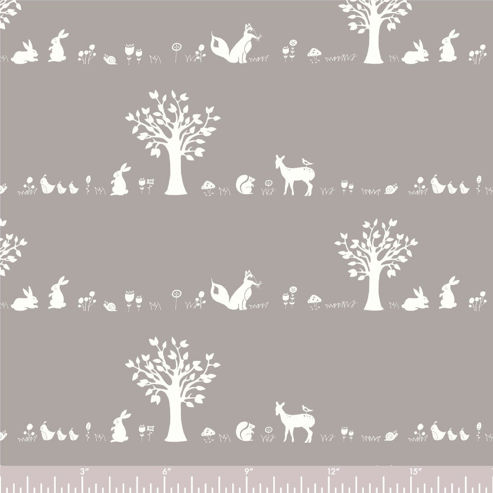 Forest Friends Shroom | Storyboek Drie | Jay-Can | Birch Fabrics | Organic Quilting Cotton | Gray Woodland Animals | Sold by the 1/2 Yard