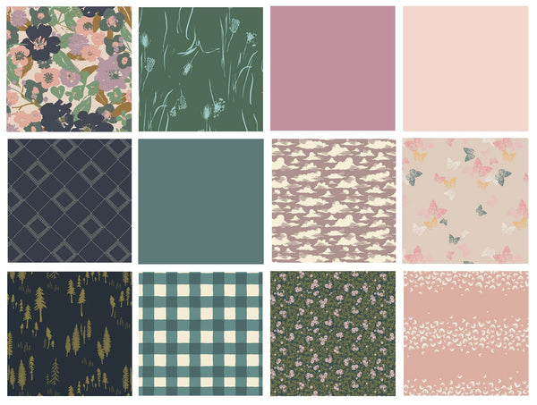 A Walk in the Park Curated Bundle | Lavender Navy Pink Floral Fabrics | Muted Colors | FQ Half Yard Bundles | Various Art Gallery Designers