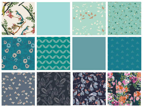 Blue Quilt Bundle with Birds and Flowers by Bari J | Bloomsbury Bird Fabric | Cool Palette Fat Quarters | Half Yard Bundle | Art Gallery AGF