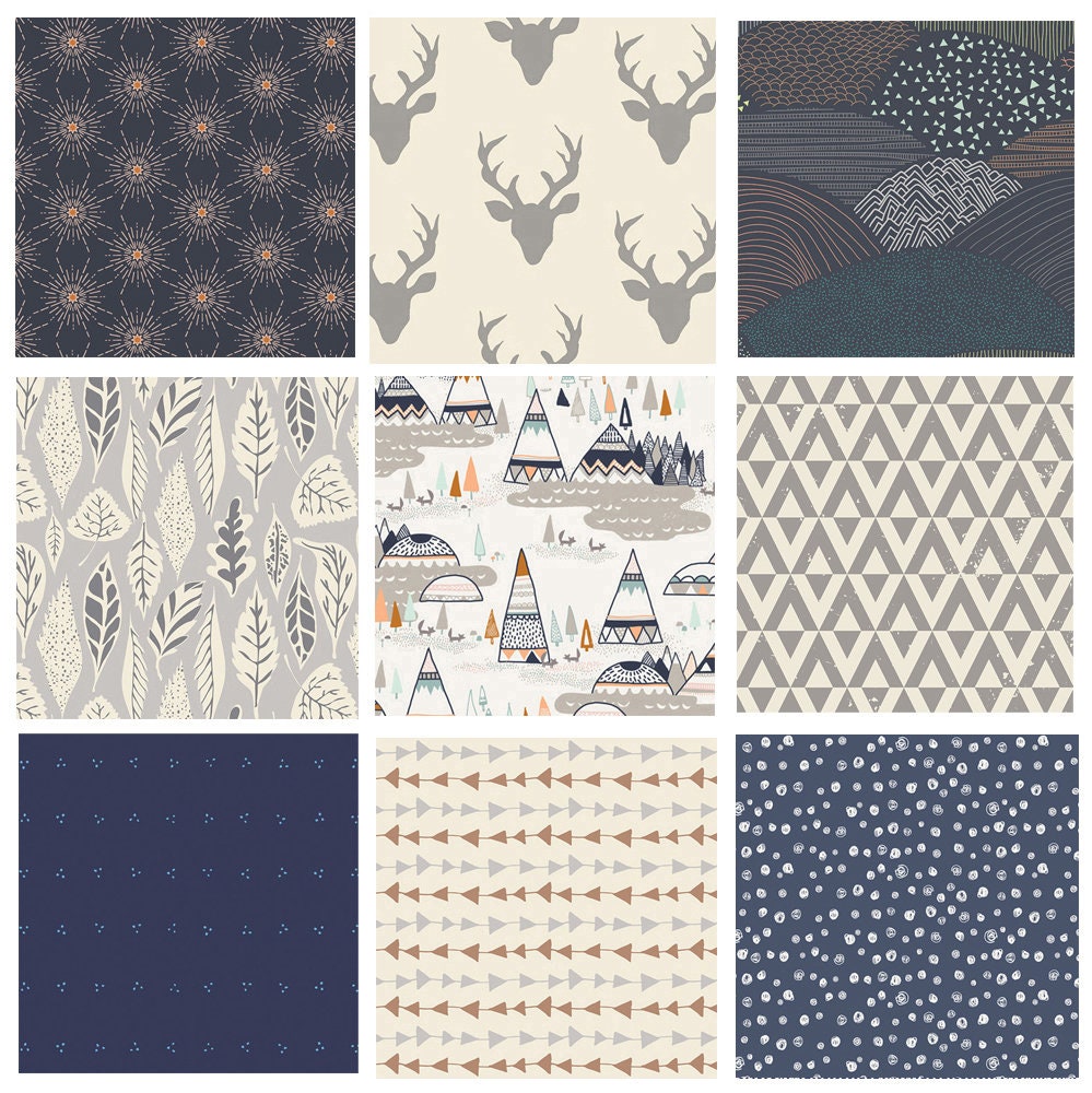Navy Woodland Fabric Bundle | Native American Fabrics with Tepees | Hello Bear Bundle | Bonnie Christine | Leah Duncan | Art Gallery Fabrics