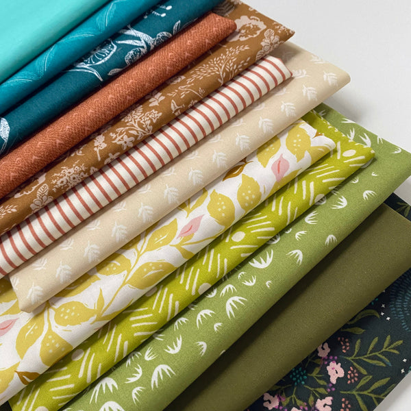 Sunday Morning Hike Curated Bundle | Green Blue Brown Floral Quilt Bundle | Bright Colors | Various Art Gallery Designers