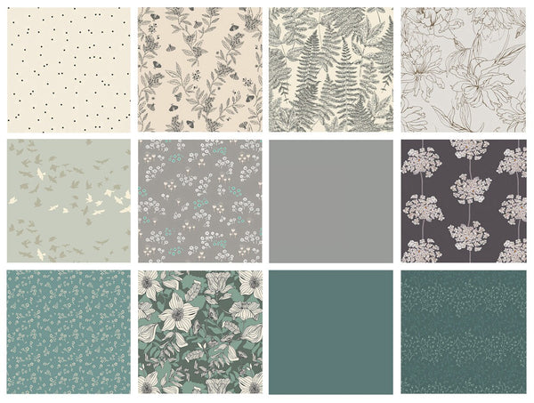 Spruce Up the Place Curated Bundle | Green and Gray Floral Quilt Bundle | Birds Flowers Leaves | Various Art Gallery Designers