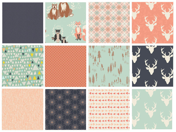 Hello Bear Woodland Quilt Bundle | Navy Mint Peach Deer Arrows Trees | Gender Neutral Fabrics | Bonnie Christine Fabrics | Art Gallery