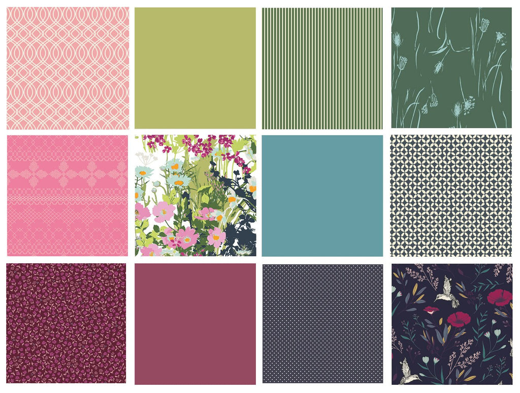 The Hummingbird's Treasure Curated Bundle | Green Blue Pink Floral Quilt Bundle | Rich Gemstone Colors | Various Art Gallery Designers