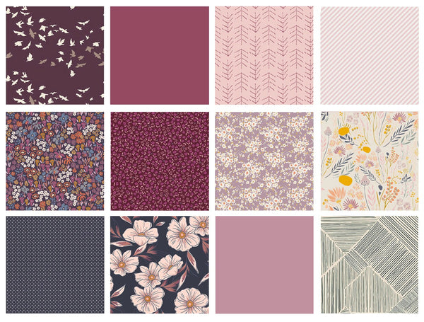 Morning Light Curated Bundle | Lavender Navy Floral Fabrics | Birds Floral | FQ Half Yard Bundles | Various AGF Designers and Collections