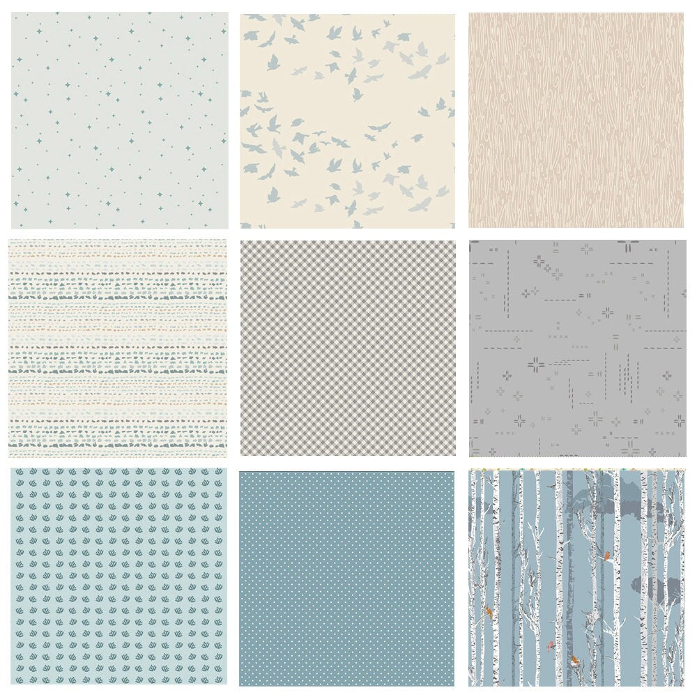 Summer Skies Curated Bundle | Blue Gray Birch Tree Forest with Birds Quilt Fabrics | Various Art Gallery Fabrics and Designers