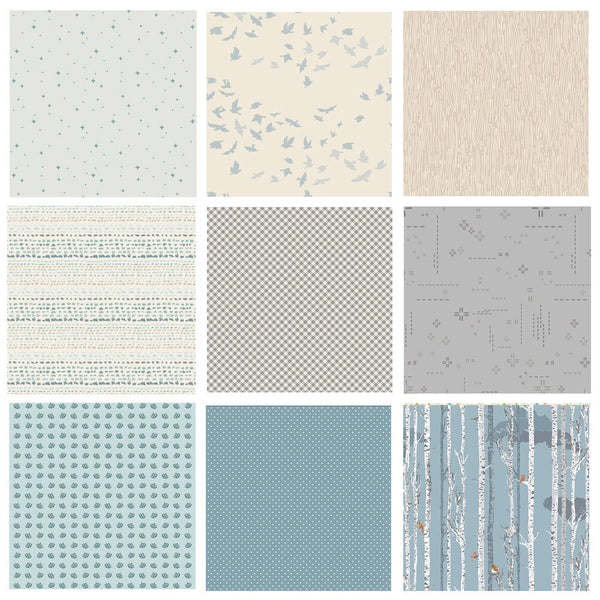 Summer Skies Curated Bundle | Blue Gray Birch Tree Forest with Birds Quilt Fabrics | Various Art Gallery Fabrics and Designers