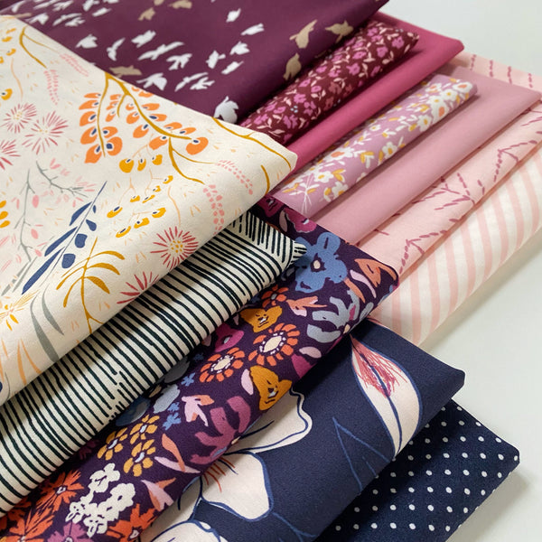Morning Light Curated Bundle | Lavender Navy Floral Fabrics | Birds Floral | FQ Half Yard Bundles | Various AGF Designers and Collections