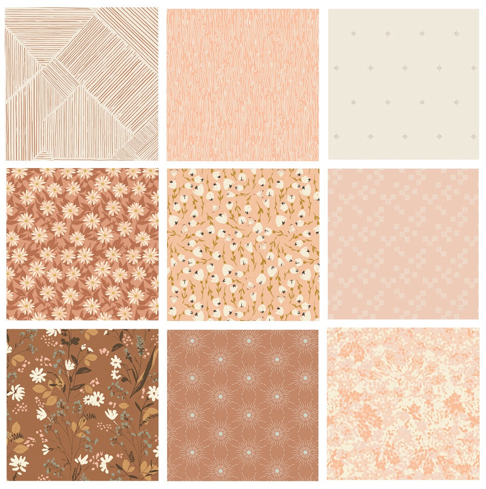 Morning Coffee Curated Bundle | Brown Peach Floral Fabrics in Fat Quarter Half Yard Bundles | The Open Road | Art Gallery Fabrics