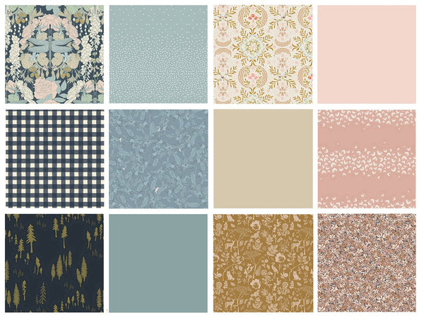 In the Stillness Curated Bundle | Navy Blue Tan Pink Floral Quilt Fabric | Spring Equinox | Soft Colors | Various Art Gallery Fabrics