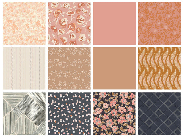 Happiest of Days Curated Bundle | Navy Coral Pink Tan Floral Quilt Bundle | Feathers | Various Art Gallery Designers