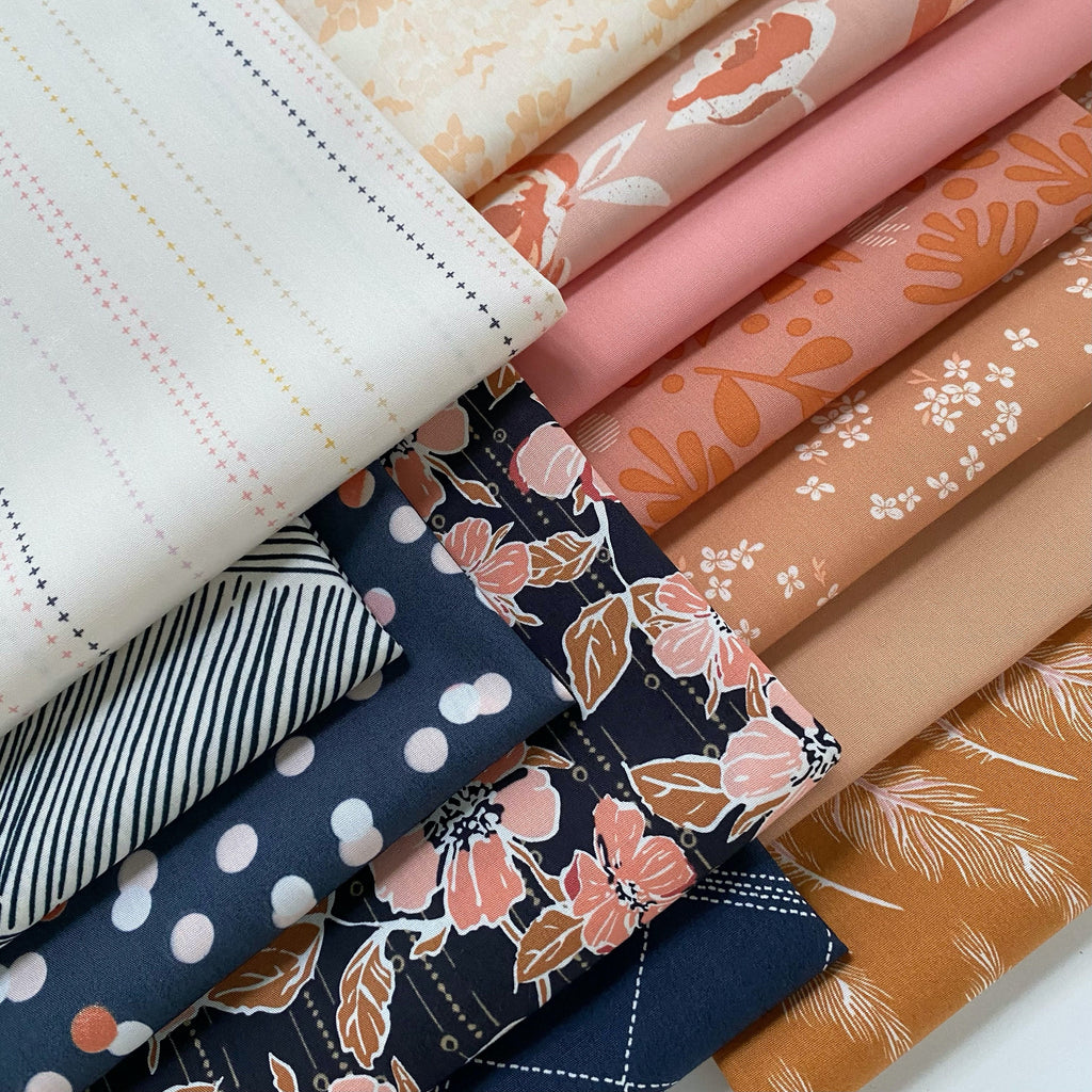 Happiest of Days Curated Bundle | Navy Coral Pink Tan Floral Quilt Bundle | Feathers | Various Art Gallery Designers