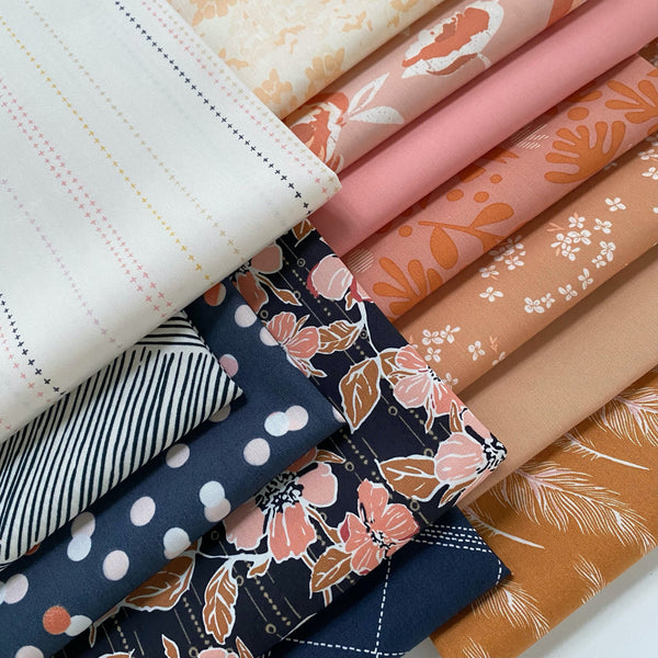 Happiest of Days Curated Bundle | Navy Coral Pink Tan Floral Quilt Bundle | Feathers | Various Art Gallery Designers