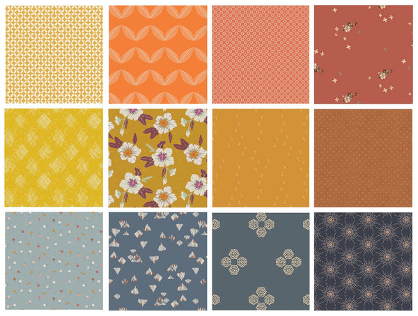 Sunset Walk Custom Quilt Bundle | Blue Gold Rust Floral Fabrics | Deep Rich Earthy Colors | Half Yard Bundle | Various Art Gallery Designers