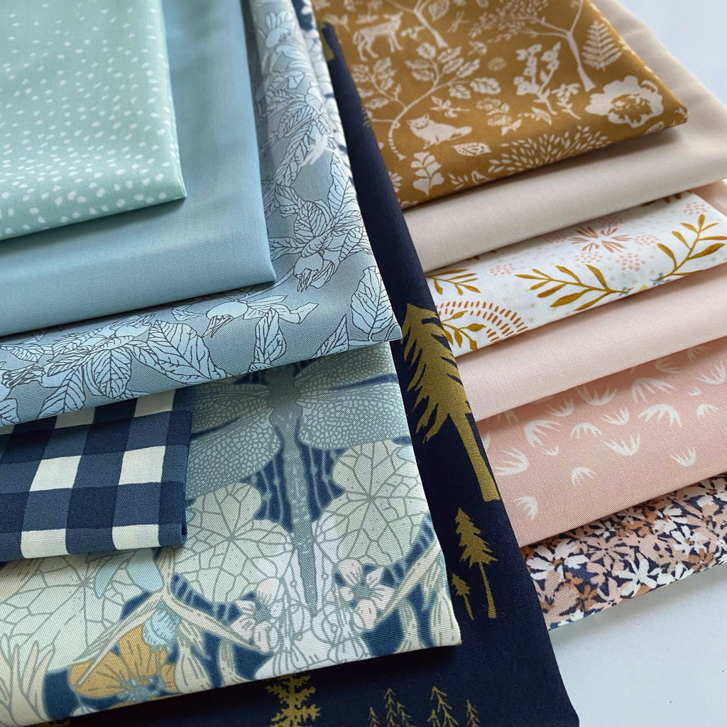 In the Stillness Curated Bundle | Navy Blue Tan Pink Floral Quilt Fabric | Spring Equinox | Soft Colors | Various Art Gallery Fabrics