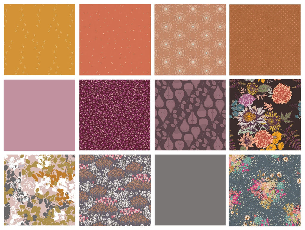 Warm Greeting Curated Bundle | Eggplant Gray Sienna Floral Fabrics | Rich Colors | FQ Half Yard Bundles | Various Art Gallery Designers