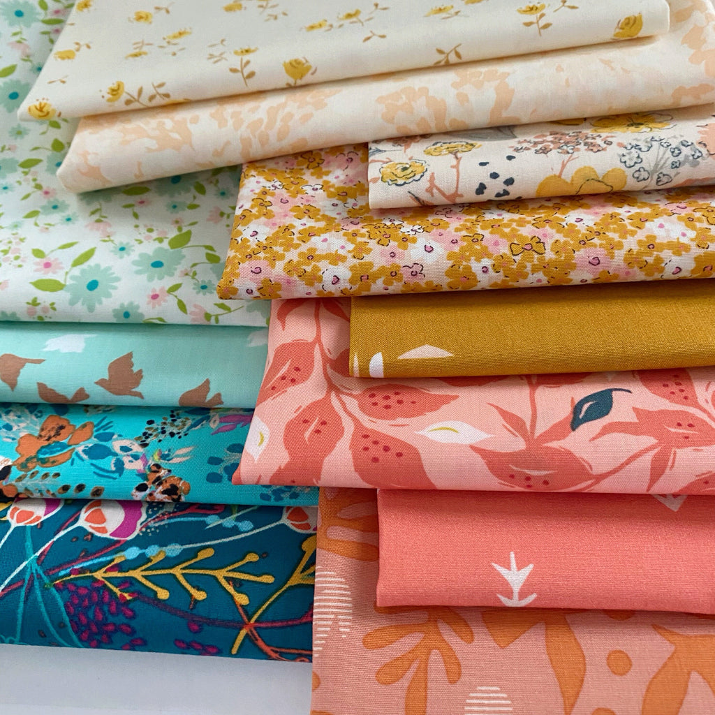 Positive Energy Curated Bundle | Blue Coral Gold Floral Quilt Fabric | Various Art Gallery Fabrics and Designers