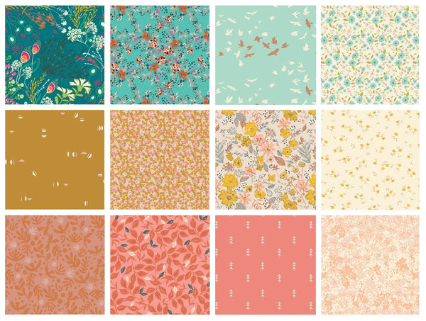 Positive Energy Curated Bundle | Blue Coral Gold Floral Quilt Fabric | Various Art Gallery Fabrics and Designers