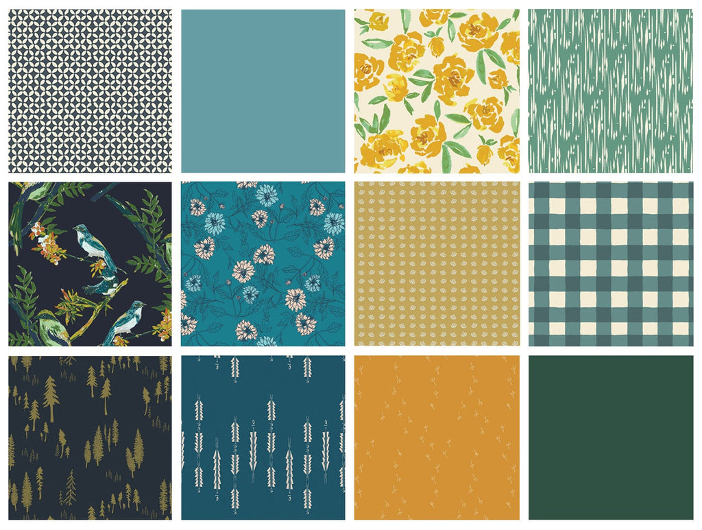 Treetop Melody | Rich Dark Colored Fabric Bundle | Bloomsbury | Modern Floral Fat Quarters with Birds | Art Gallery Fabrics