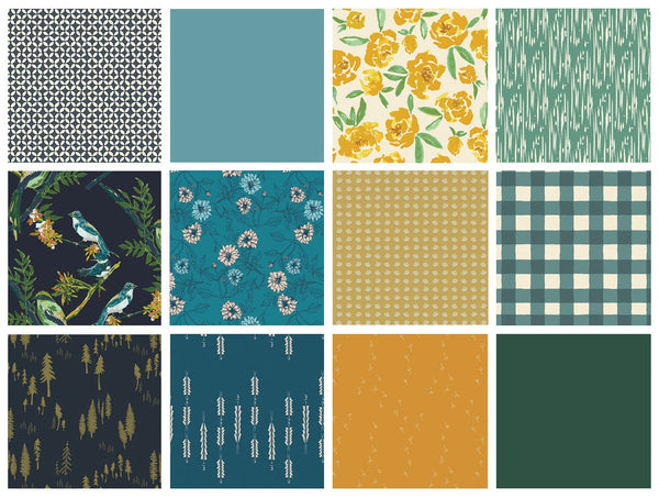Treetop Melody | Rich Dark Colored Fabric Bundle | Bloomsbury | Modern Floral Fat Quarters with Birds | Art Gallery Fabrics