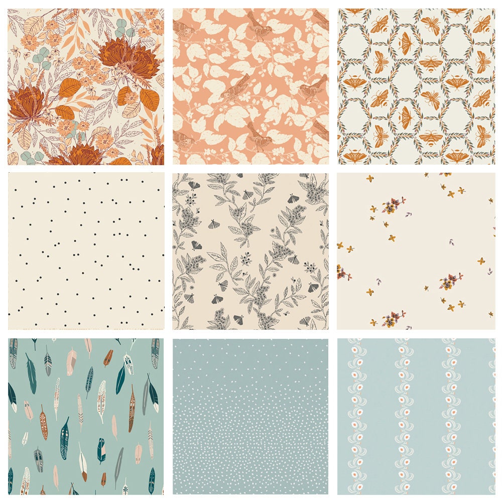 The Birds and the Bees Curated Bundle | Rust Black Cream Blue Floral Quilt Fabrics | Various Art Gallery Fabrics and Designers