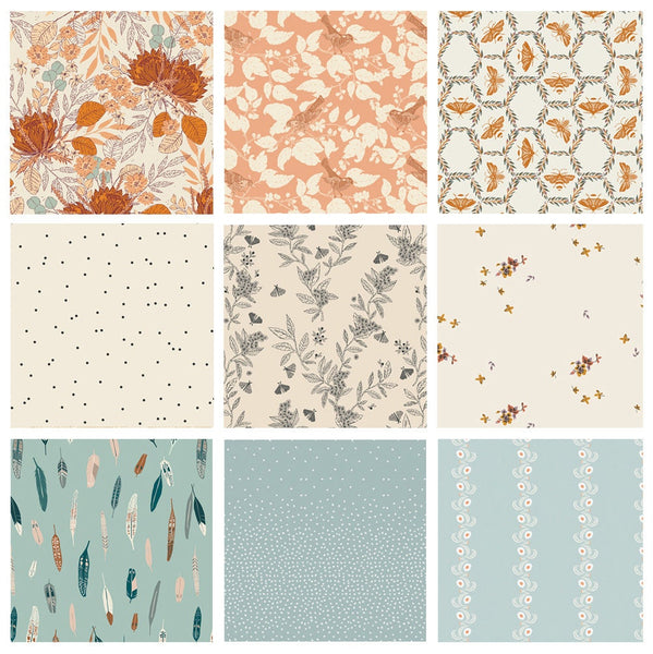 The Birds and the Bees Curated Bundle | Rust Black Cream Blue Floral Quilt Fabrics | Various Art Gallery Fabrics and Designers