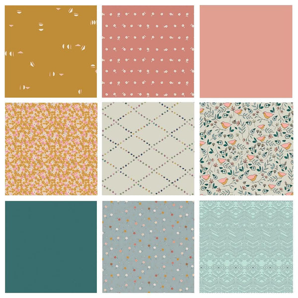 Ginger Meadow Curated Bundle | Gold Jade Blue |  Warm Cool Colors | Quilt Fabrics with Birds | Various Art Gallery Fabrics and Designers