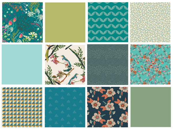 Blue and Green Quilt Bundle with Birds | Bloomsbury Bird Fabric | Cool Palette Fat Quarters | Half Yard Bundle | Art Gallery Fabrics AGF