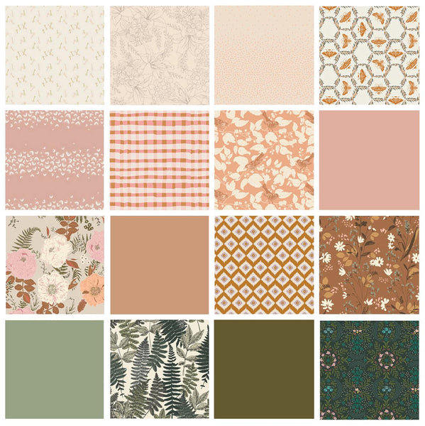 Flowers and Ferns Curated Bundle | Sienna Peach Pink Floral Quilt with Birds and Bees | Earthy Colors | Various AGF Prints and Solids