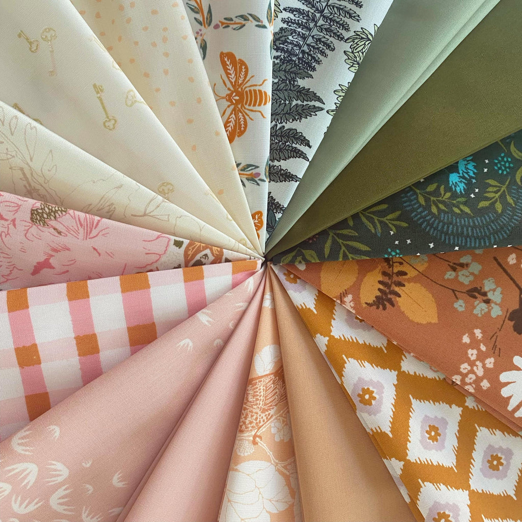 Flowers and Ferns Curated Bundle | Sienna Peach Pink Floral Quilt with Birds and Bees | Earthy Colors | Various AGF Prints and Solids