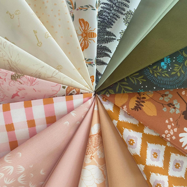 Flowers and Ferns Curated Bundle | Sienna Peach Pink Floral Quilt with Birds and Bees | Earthy Colors | Various AGF Prints and Solids
