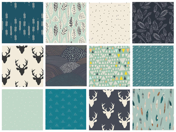 Woodland Fabrics for Quilting | Dark Quilt Fabrics | Hello Bear Quilt Bundle | Navy Teal Black | Moths Mushrooms Arrows | Art Gallery Fabric