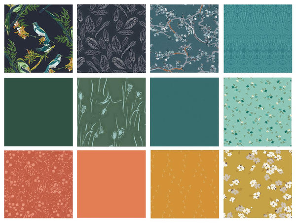 For the Birds Custom Quilt Bundle | Blue Gold Green Floral Fabrics with Birds | Various Art Gallery Designers and Collections