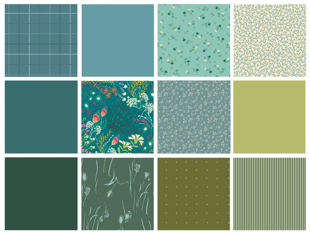 Cool Breeze Curated Quilt Bundle | Blue Green Floral Fabrics | Cool Colors | Various Art Gallery Fabrics and Designers