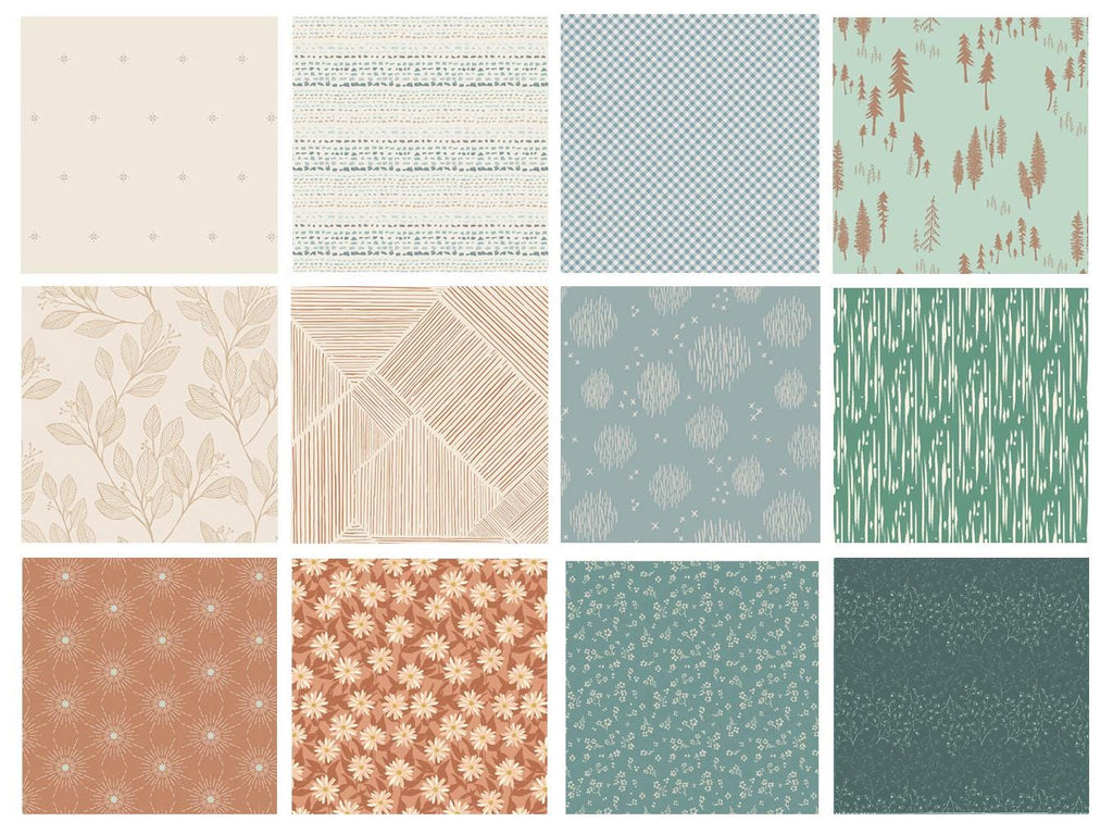 Babbling Brook Curated Quilt Bundle | Blue Green Brown Floral Fabrics | Nature Theme | FQ Half Yard Bundles | Various Art Gallery Designers