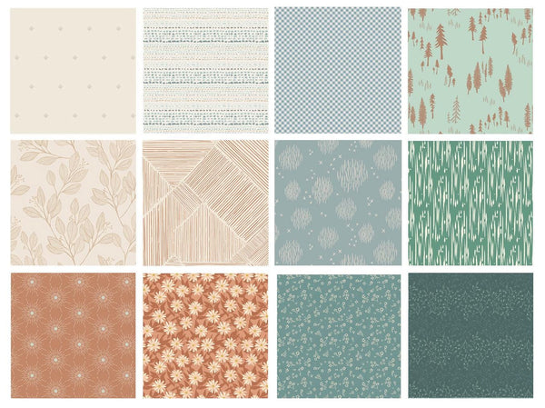 Babbling Brook Curated Quilt Bundle | Blue Green Brown Floral Fabrics | Nature Theme | FQ Half Yard Bundles | Various Art Gallery Designers