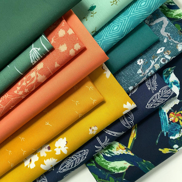 For the Birds Custom Quilt Bundle | Blue Gold Green Floral Fabrics with Birds | Various Art Gallery Designers and Collections
