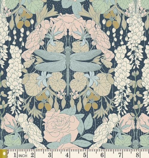 Libellule Awakening | Spring Equinox | Art Gallery Fabrics | SPE68300 | Katie O'Shea | Navy Woodland Fabric | Sold by the 1/2 yard