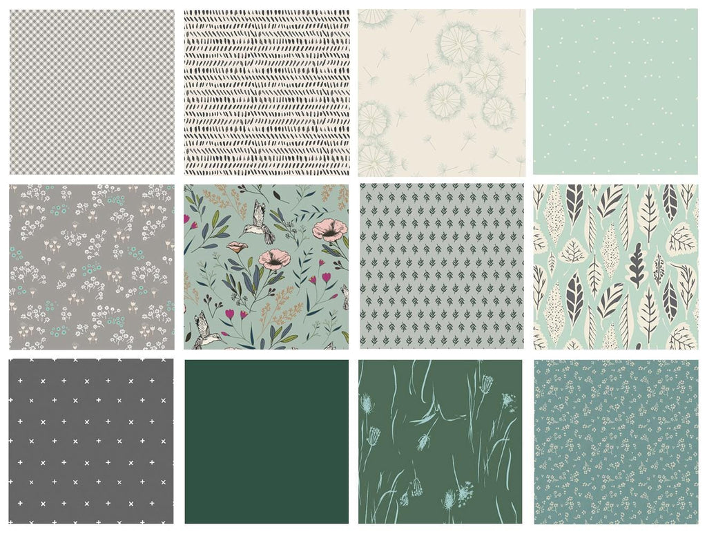 Greener Pastures Curated Bundle | Green and Gray Floral Quilt Bundle | Birds Flowers Leaves | Various Art Gallery Designers