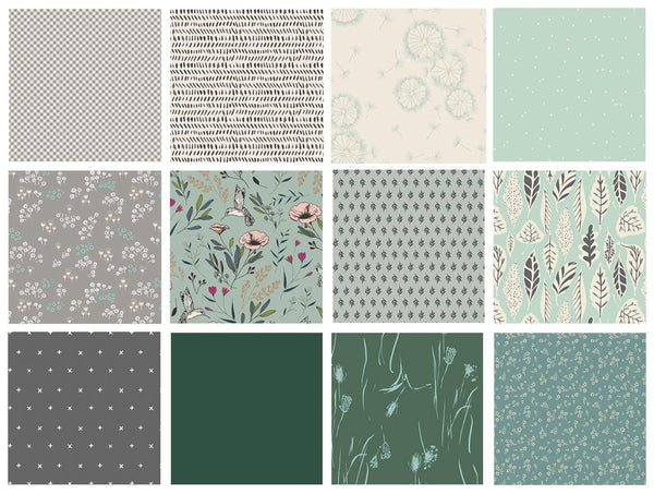 Greener Pastures Curated Bundle | Green and Gray Floral Quilt Bundle | Birds Flowers Leaves | Various Art Gallery Designers