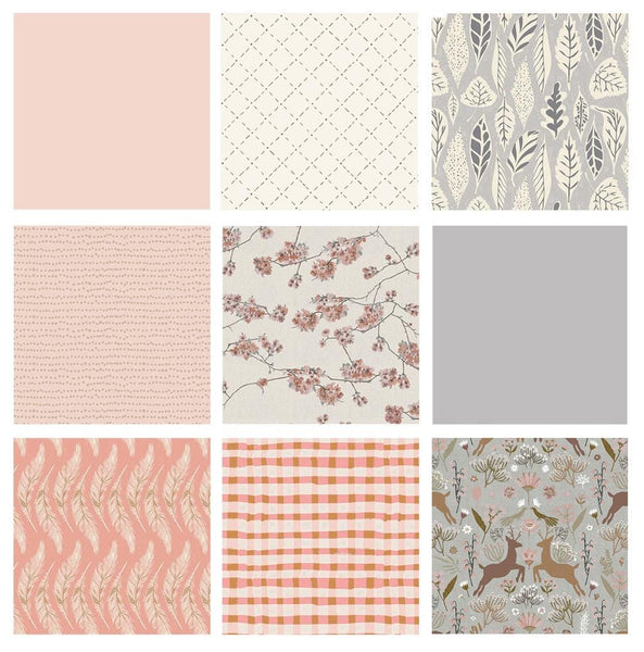 Rustling Leaves Curated Bundle | Gray Pink Floral Quilt Fabrics with Deer Birds | Various Art Gallery Fabrics and Designers